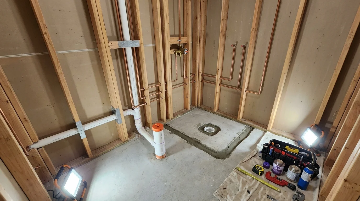 Bathroom rough-in plumbing during remodel by Johns Plumbing LLC in Chichester
