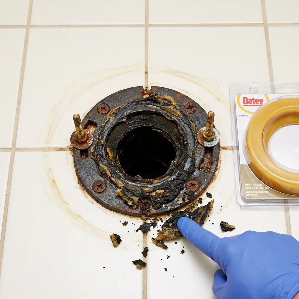 Failed wax ring showing water seepage at the base of a toilet in a Chichester, NH home