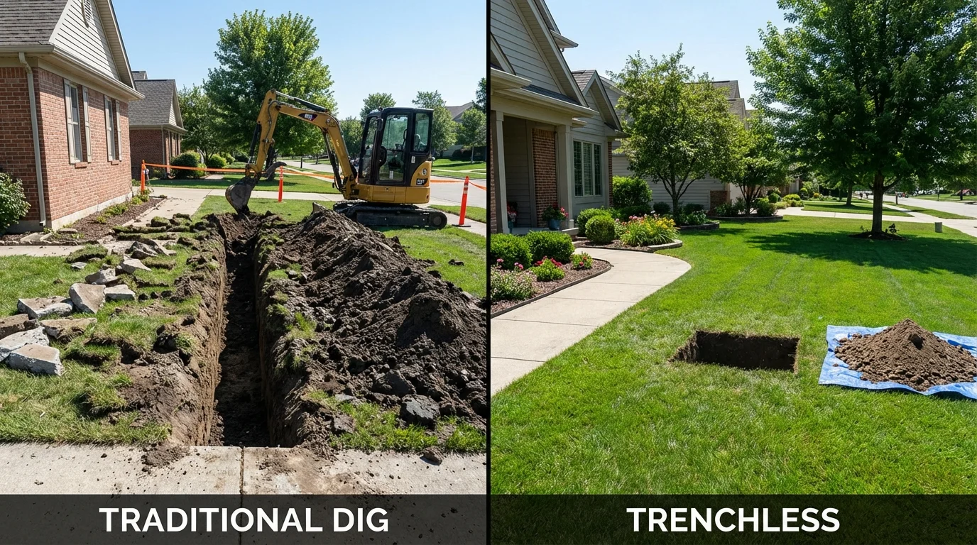 Trenchless sewer repair with minimal yard damage versus traditional excavation in Chichester, NH