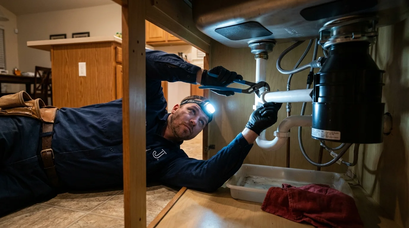 P-trap and supply line connections under a kitchen sink showing a common leak point in Chichester, NH